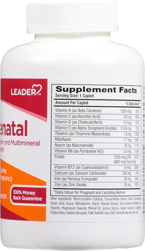 Image of Leader Prenatal Multivitamin with 800Mcg Folic Acid & Essential Nutrients for Healthy Pregnancy & Fetal Development, Dha, High Potency Vitamin for Expecting Moms, Daily Support, 365 Caplets