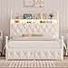 HIFIT Queen Size Upholstered LED Canopy Bed Frame with Storage and Charging Station, Button Tufted Storage Headboard with Bookshelf, Two-Use Metal Platform Bed with 4 Removable Post & 2 Drawers, Biege