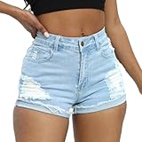 Women Mid Rise Stretchy Denim Shorts Ripped Hem Folded Frayed Distressed Short Jeans (Light Blue,M)
