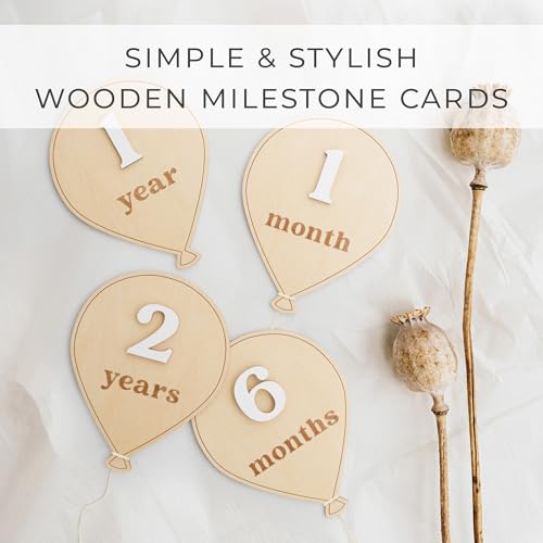 Beautiful Baby Monthly Milestone Cards - The Perfect Wooden Discs for Adorable Milestone Pictures of Your Newborn - 2X Reversible Balloon Signs with Interchangeable Numbers Make a Great Shower Gift