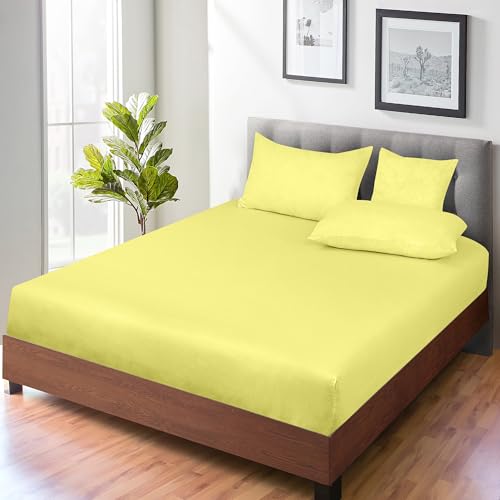 Image of ROYALE LINENS 300 Thread Count 100% Long Staple Combed Cotton Fitted Sheet Queen - Super Soft Deep Pocket Bottom Sheet - Fitted Sheets Only - Elastic Sheets (Queen, Yellow)