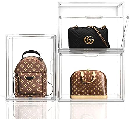 Clear Handbag Storage Organizer, 3 Packs Acrylic Display Case for Purse and Handbag Storage Organizer for Closet, Stackable Purse Display Boxes with Magnetic Door for Collectibles, Wallet, Toys…