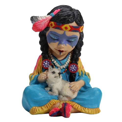 4 3/8 Inch Native American Girl with Baby Wolf Resin Figurine Hand Painted Collectibles