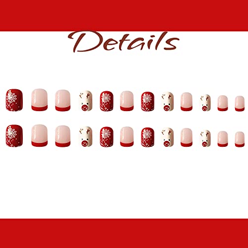 Christmas Press On Nails Short Square Fake Nails Red French Tip Acrylic Nails Cute Elk Snowflake Full Cover False Nails With Designs Press On Nails Winter Xmas Nail Art Decorations For Women Girls #TOP3
