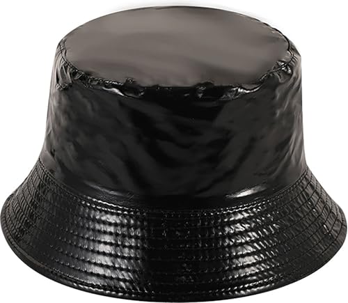 Joylife Metallic Bucket Hat Aesthetic Fisherman Hats Unisex Beach Sun Cap, PU Leather Black