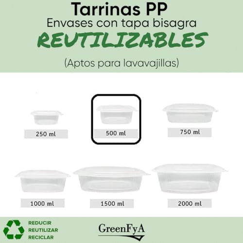 Miniatura 2 de Greenfya - 50 Tapers Para Comida Hermetico De Plástico Pp Reutilizables Con Tapa Bisagra. Apto Para Microondas, Congelador Y Lavavajillas. Tuppers Para Alimentos Calientes O Fríos 500ml