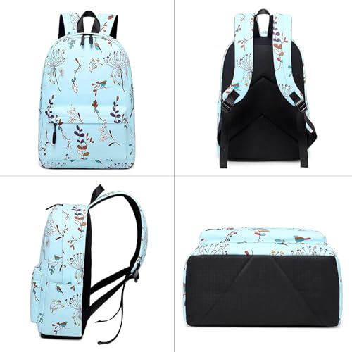Image of Floral Print Backpack, Light Blue, Girls School Bag with Bird Pattern, Casual Daypack