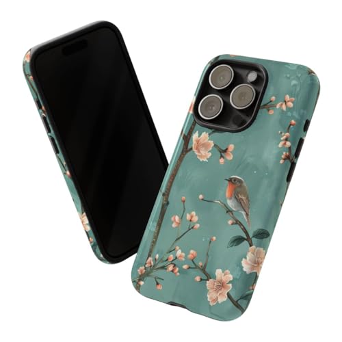 Coque iPhone 15 Pro motif rouge-gorge bleu sarcelle protection antichoc
