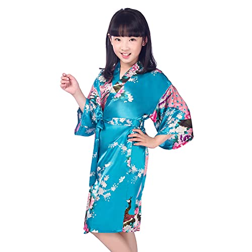 PythJooh Girls Kimono Dressing Gowns, 1-13Years Kids Peacock and Blossoms Satin Silky Kimono Bathrobes Dress for Spa Wedding Party