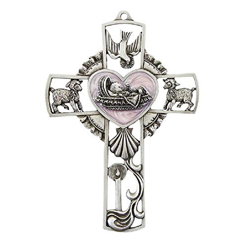 Cruz de pared para niña de peltre rosa para bautizo y recuerdo de nacimiento