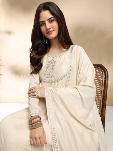 Image of MOKOSH Women's Silk Embroidery Anakrali Kurta Pant with Dupatta | Anarkali Kurta Set | Round Neck Full Sleeve Ethnic Suit | Floral Kurta 7 Colour Option Available | 3 Piece Outfit
