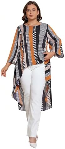 Blusa feminina plus size listrada de bolinhas manga 3/4 gola redo...