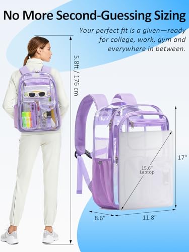 Image of Double-Layer Clear Backpack Heavy Duty, 17 Inch Large Clear Bookbag, Transparent See Through Backpack For School, Work, College, Travel, Sport- Light Purple