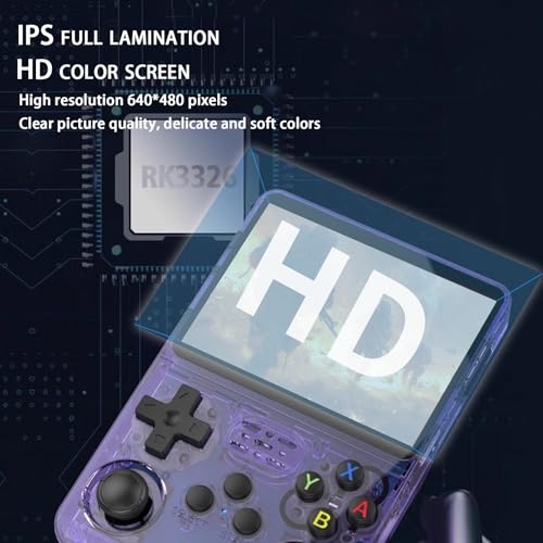 Handheld Game Console, 128GB 30000+ Games, Mini Portable, Built in 20 Emulators, 3.5 Inch IPS Screen, for Home Entertainment, Travel, Leisure, Office Breaks (Transparent purple)