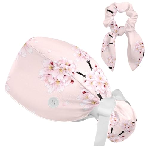 Image of Red Blooming Rose Flowers Black Working Cap with Scrunchy and Ribbon Tie for Women, Long Hair