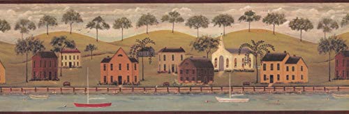 CONCORD WALLCOVERINGS Wallpaper Border Vintage Pattern Village Harbour Trees for Cottage Farmhouse Living Room, Blue Green Brown, 15 Feet by 8 Inches AAI08103B