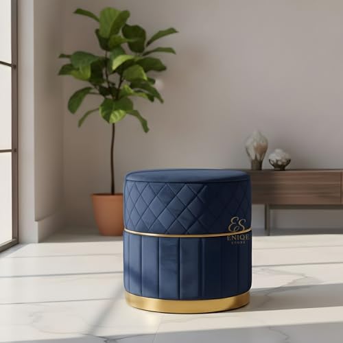 Image of Set of 2 Round Velvet Ottoman Footstool Gold Base - Tufted Upholstered Pouffe Stool for Living Room, Bedroom & Dressing Area (Blue)