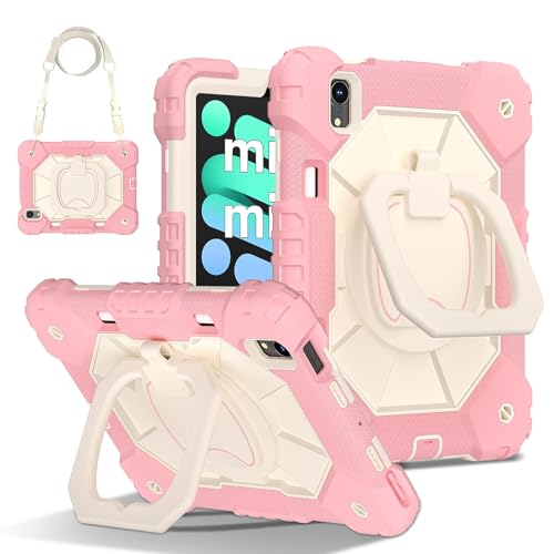 Coque iPad mini 6 antichoc or rose avec béquille rotative 360 et dragonne