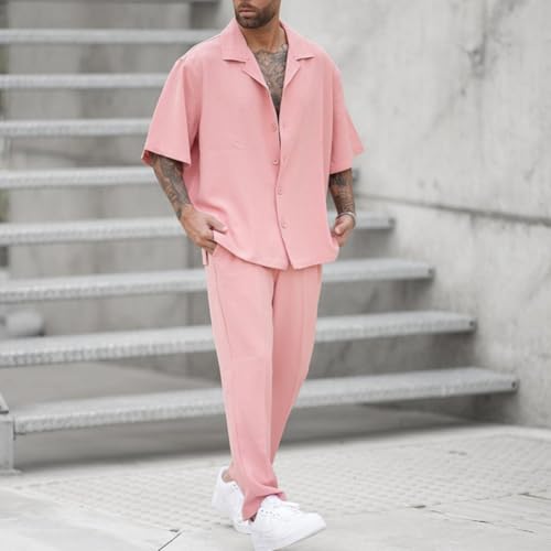 Men's Solid Color Suit Waffle Lapel Short-Sleeved Zipper Long Pants Set, Men's Summer Casual Short-Sleeved Pants Suit4