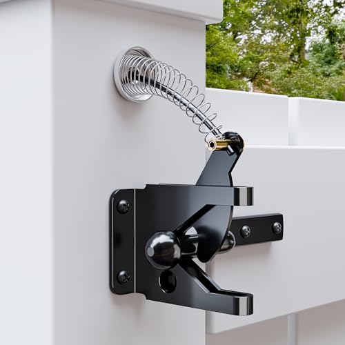 SANKEYTEW Gartentorriegel Stahl Automatisches Türschloss Selbstsichernd Feder mit Verstellbarem Schloss Nylonschnur Geeignet für Metall- und Holzzäune - Schwarz