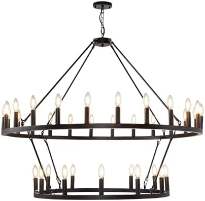 Size Extra Large 36-Light Color Black  Wagon Wheel Chandelier - 2 Tier Rustic Farmhouse Pendant Light Fixture for Living Room, Dining Room, and Entryway, Vintage Style Hanging Lighting