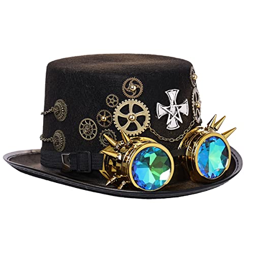 Unisex Victorian Steampunk Top Hat with Goggles and Gears for Men Women Carnival Halloween Cosplay Headwear Accessory (Head circumference: about 58cm/22.8", Brown-1) (61cm/24.02 Inches, black) steampunk buy now online