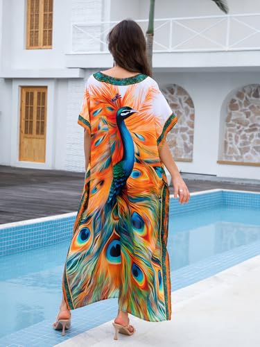 Image of KECVOT Kaftan Dresses for Women V-Neck Print Swimsuit Cover Up Plus Size Beach Caftan Lounge Dress