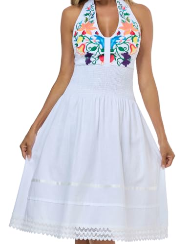 Image of Womens Mexican Floral Embroidered Halter Maxi Dress Side Slit Boho Dress