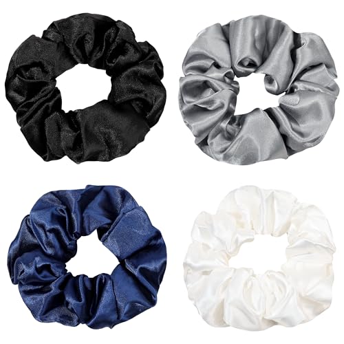 Image of Ivyu Scrunchies, 4 Pack Silk Scrunchy for Girls Women Cute Hairties Hair Accessories Soft Ropes Ponytail Holder, White, Black, Navy, Gray