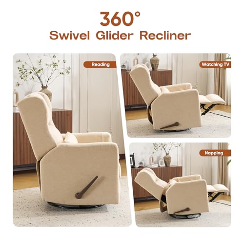 Image of Swivel Rocker Recliner Chair with Adjustable Headrest,Rocking Chair Nursery with Lumbar Support, Manual Glider Rocker Recliner with Cup Holder and Side Pockets, Beige