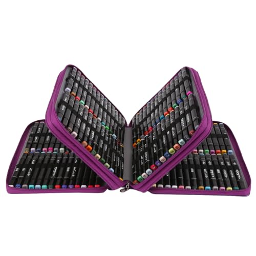 Image of Marker Pen Organizer Case 168 Slots w /Handle & Shoulder Strap | 3-Layer Zipped Pencil Pouch PU Leather w /Open Front pocket for Gel Pen Markers to Artists, Painters