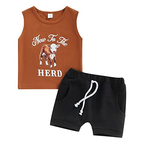 Image of Karuedoo Western Baby Boy Clothes Cow Print Sleeveless Tank Top T-Shirt Solid Shorts Set 2PCS Toddler Cowboy Outfit