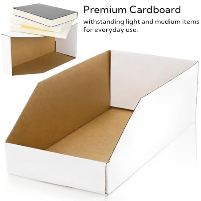 35 Pack Cardboard Storage Bins, 12 x 6 x 4.5 Corrugated Open Top Box, White Pantry Shelf Organizer Bins for Parts Snacks, Ideal for Garage Warehouse Home Packing Moving, Easy Assembly