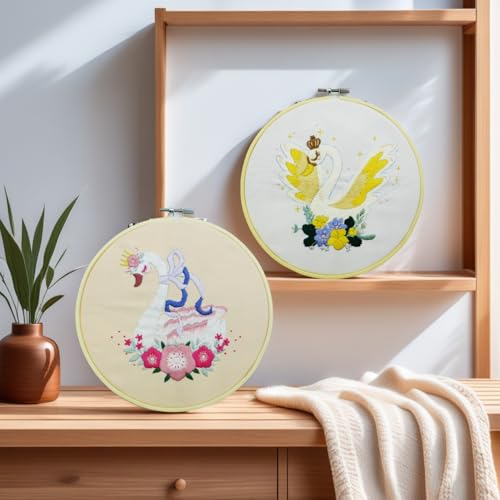 Image of Speedura 4-Set Embroidery Kit for Beginners - Easy Needlepoint Starter Kit for Adults to Learn Hand Embroidery with Stamped Designs, Cross Stitch Patterns, and Fun DIY Projects (Swan Dreams)