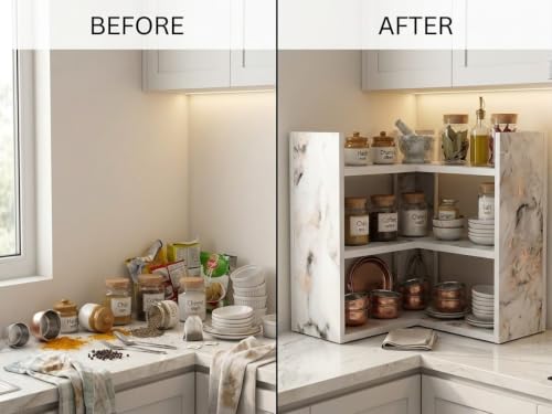 Image of Multipurpose 3 Tier L Shaped Wooden Storage Rack For Kitchen, Living Room and Utility Storage, White Marble