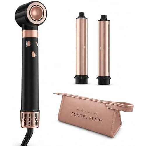 MESCOMB Dual Voltage Hair Styler for Travel, 3-in-1 1400W Hair Dryer and Air Curler with 2 Auto-Wrap 1.25-Inch Barrels, Automatic 110-240V, Travel Case for Europe and Worldwide Travel