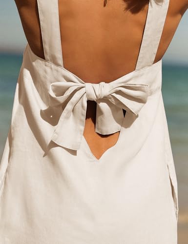 Image of Lumister Womens Lightweight Cotton Linen Dress Sleeveless Crew Neck Back Bow Summer Mini Dresses with Pocket Beige