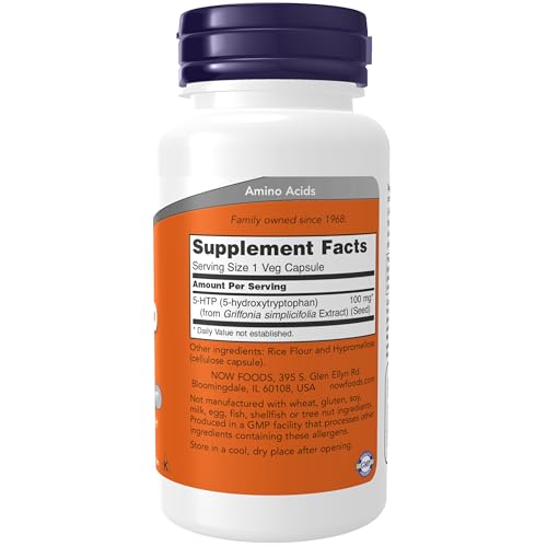 Image of NOW Foods Supplements, 5-HTP (5-hydroxytryptophan) 100 mg, Neurotransmitter Support*, 60 Veg Capsules
