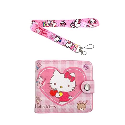 Kawaii Kitty Cat Badge Wallet with Lanyard, ID Purse Pouch with Buckle, Wallet Durable Credit card holder Money Bag for Students Teens Girls Boys