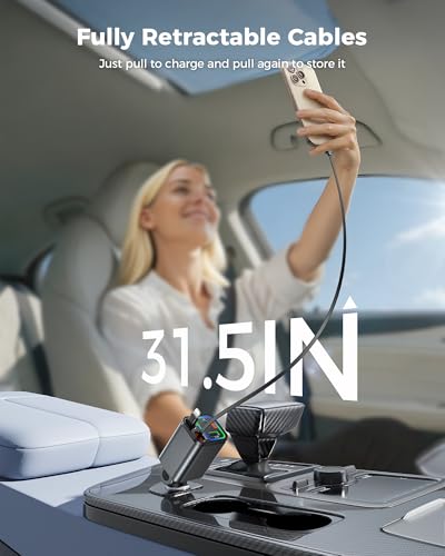 69W Retractable Car Charger, 4-in-1 Fast Car Phone Charger with 2.6ft Two - Photo 10 sur 14