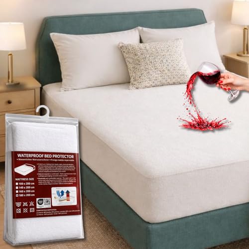 HOME STILL Super King Mattress Protector 180x200x30 cm 100% Waterproof Cotton Terry Breathable Top Waterproof Bottom Antibacterial Comfortable & Safe Sleep Machine Washable
