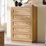 ACCOHOHO 5 Drawer Dresser with Two Included Base Styles, 46' Tall Chest of Drawers, Transitional Modern Closet Dresser with Antique Brass Knobs, Wooden Dresser for Bedroom, Living Room, Natural Oak