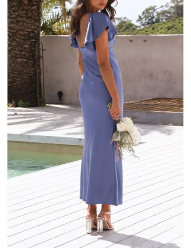 Image of Summer Satin Flutter Sleeve Wedding Guest Dresses for Women Sweetheart Neckline Cutout Tie Back Midi Cocktail Dress