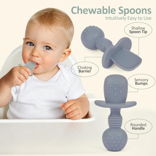 Image of Eascrozn Silicone Baby Utensils, 2 Pack Divided Suction Plates for toddlers, 2 Pack Toddler Forks and Spoons Set, Baby Led Weaning Feeding Supplies, BPA Free, Microwave and Dishwasher Safe