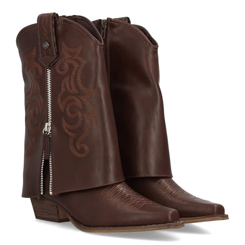 97424 Botas de Tacon para Mujer, Estilo Cowboy Polaina, Comodas y Elegantes, con Adorno Bordado y Cierre de Cremallera Lateral. Marron Talla 39