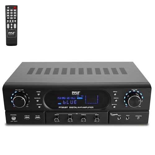 Image of Pyle Home Theater Bluetooth Stereo Receiver Amplifier – 2x30W Dual Channel Audio Power Amp with USB/MP3/FM Radio, Mic Inputs, RCA, Bass/Treble/Echo Controls, Wireless Streaming