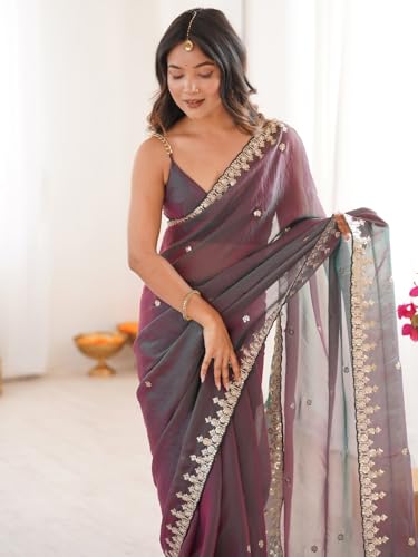 Image of AKHILAM Women's Shimmer Chiffon Sequence Embroidery Saree With Unstitched Blouse Piece(AARYAN21601 KR Parent)