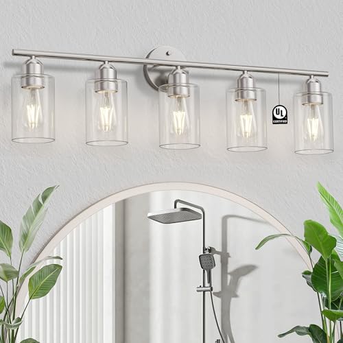 Image of Bathroom Vanity Light Fixtures Brushed Nickel Bathroom Lighting Fixture, 5 Lights Bathroom Light Fixture Over Mirror, Modern Black Vanity Light, Wall Sconces with Glass Shades