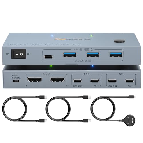 Image of USB C KVM Switch 2 Monitors 2 Laptops, 4K@60Hz USB C Dual Monitor KVM Switch for 2 laptops to Share 2 Monitor and 4 USB3.0 Devices, 80W PD Charging, Wired Remote and Cables Included