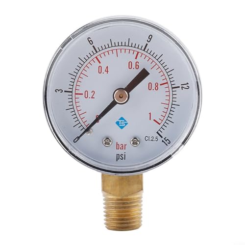 Manomètre radial BSPT 6,35 mm pour air, eau et huile avec boîtier en acier inoxydable et lecture analogique de style numérique, plage de 0 à 300 psi, (0-15 psi)